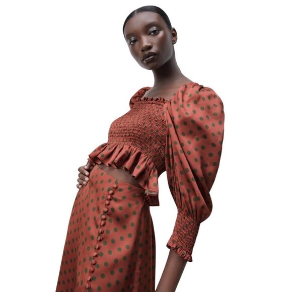 Zara Satin Glam Smocked Polka Dot Puff Sleeve Blouse -‎ S EUC - Picture 2 of 16